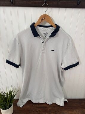 Hollister Men’s White Polo with Navy Collar & Cuff